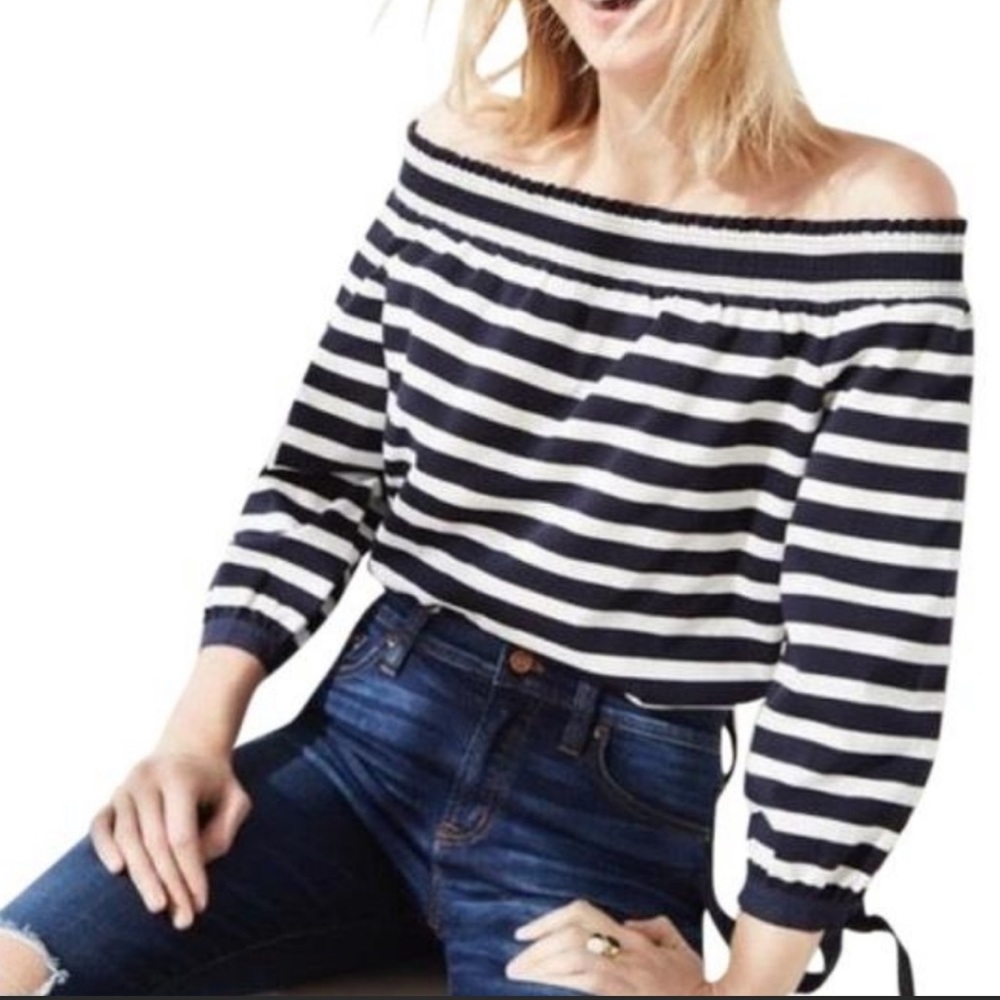 J Crew Poplin Off The Shoulders Striped Top Navy White Sz S